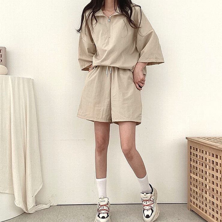 セットアップ ハーフジップ トップス ショートパンツ カジュアル スタンドハーフジップトップス×ハーフパンツSET 春 夏[品番