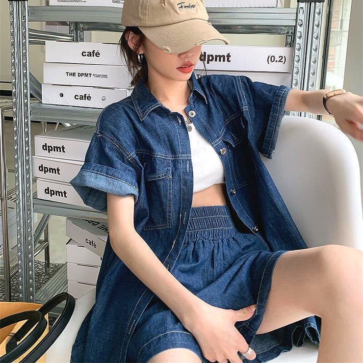 セットアップ】デニム半袖ジャケット×ショートパンツ2点セット 春 夏