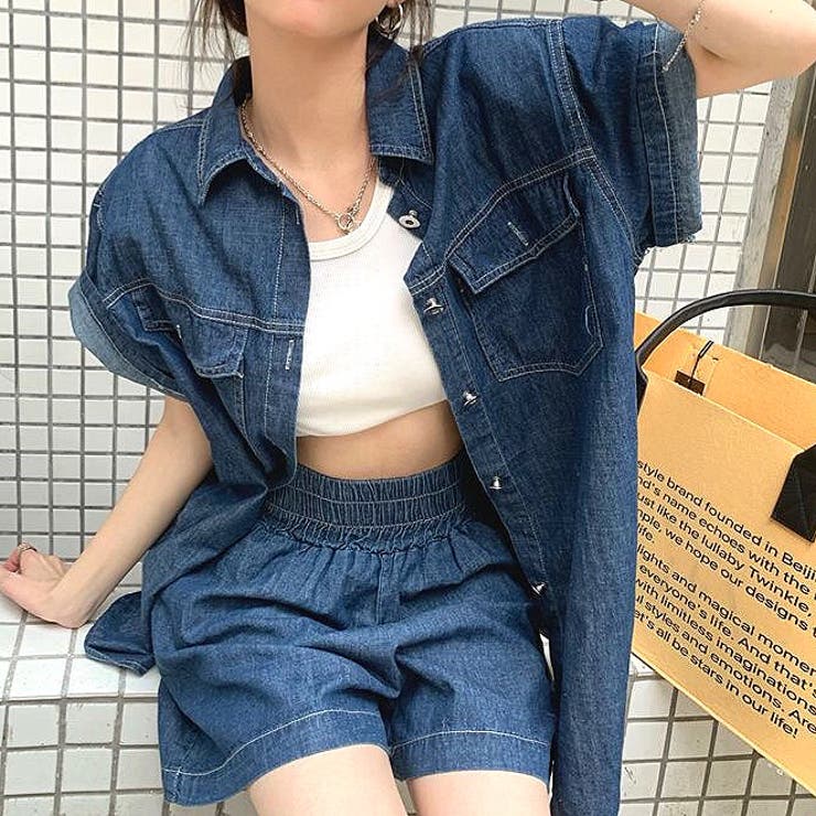 デニム半袖ジャケット×ショートパンツ2点セット 春 夏[品番