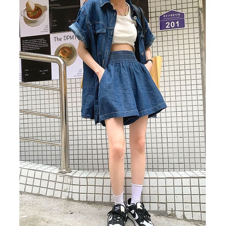 デニム半袖ジャケット×ショートパンツ2点セット 春 夏[品番