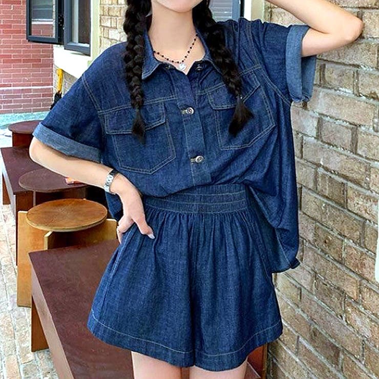 デニム半袖ジャケット×ショートパンツ2点セット 春 夏[品番
