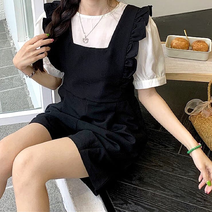 ブラック | フリルショルダーショートサロペット 春 夏 | SHEENA 