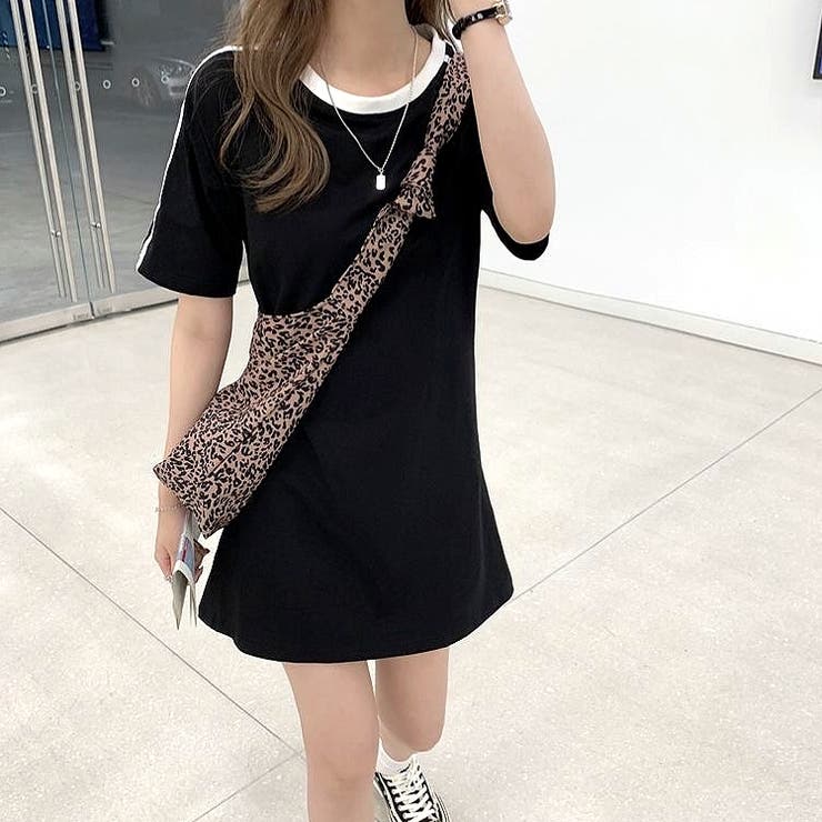 ラインスリーブTシャツミニワンピース 春 夏[品番：SHNW0009617