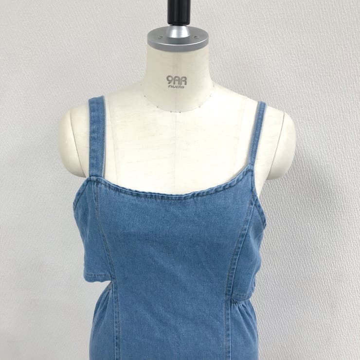 サイドカットアウトデニムミニワンピース 春 夏[品番