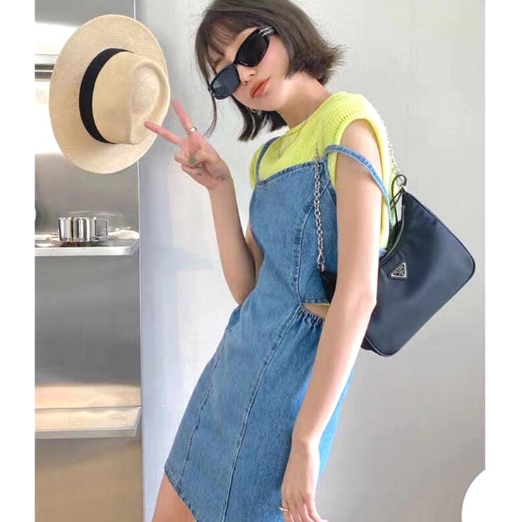 【ほぼ新品未使用】カットデニムミニワンピース サイドカットアウトデニムミニワンピース 春 夏[品番