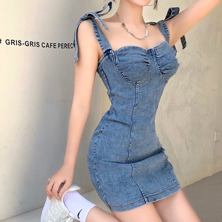 ショルダーリボンコルセットデニムミニワンピ 春 夏[品番