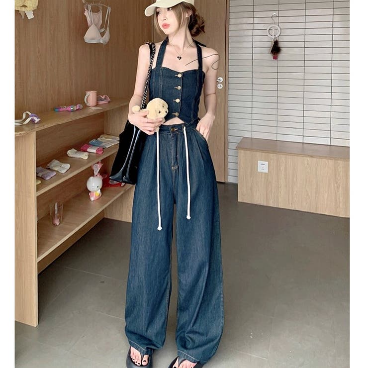 デニムホルターネックビスチェ×デニムワイドパンツ 2点SET 春