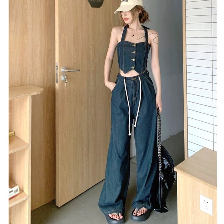 デニムホルターネックビスチェ×デニムワイドパンツ 2点SET 春[品番：SHNW0011342]｜SHEENA  （シーナ）のレディースファッション通販｜SHOPLIST（ショップリスト）