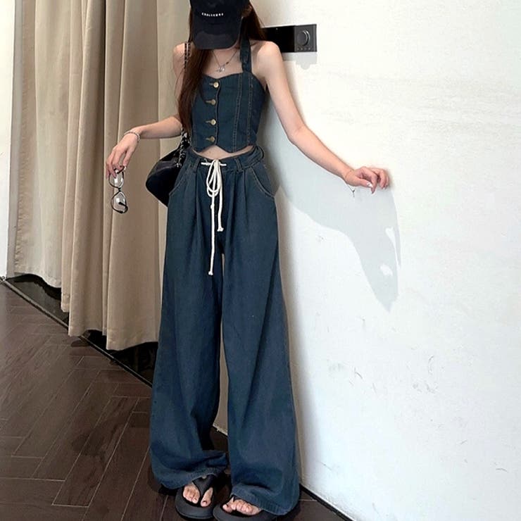 デニムホルターネックビスチェ×デニムワイドパンツ 2点SET 春[品番：SHNW0011342]｜SHEENA  （シーナ）のレディースファッション通販｜SHOPLIST（ショップリスト）