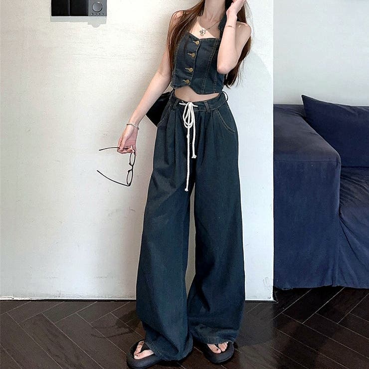 セットアップ】デニムホルターネックビスチェ×デニムワイドパンツ 2点