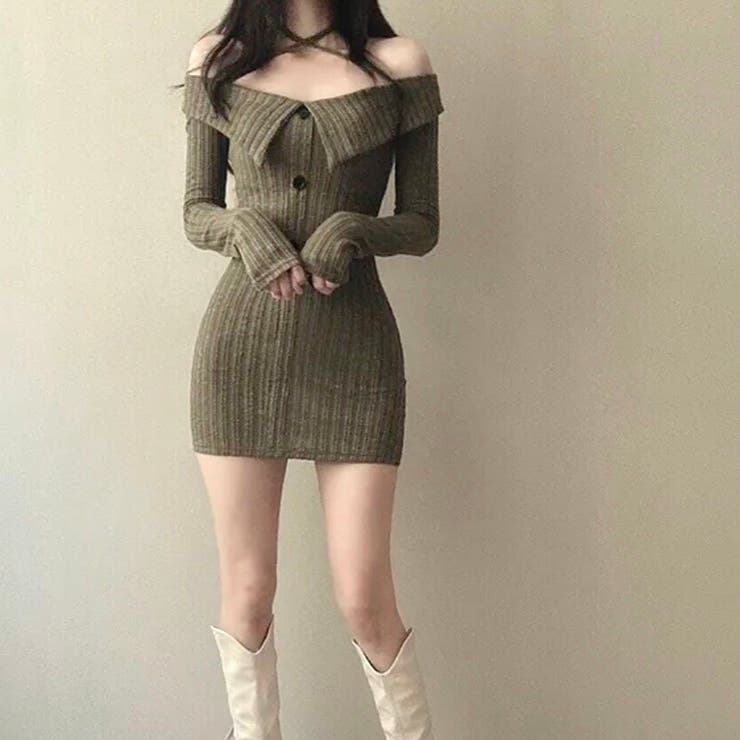 大人気♪【REISS】上品オフショルダー◇リブニットワンピース 大きいサイズ LL ワンピース マキシ丈 オフショルダー ニット