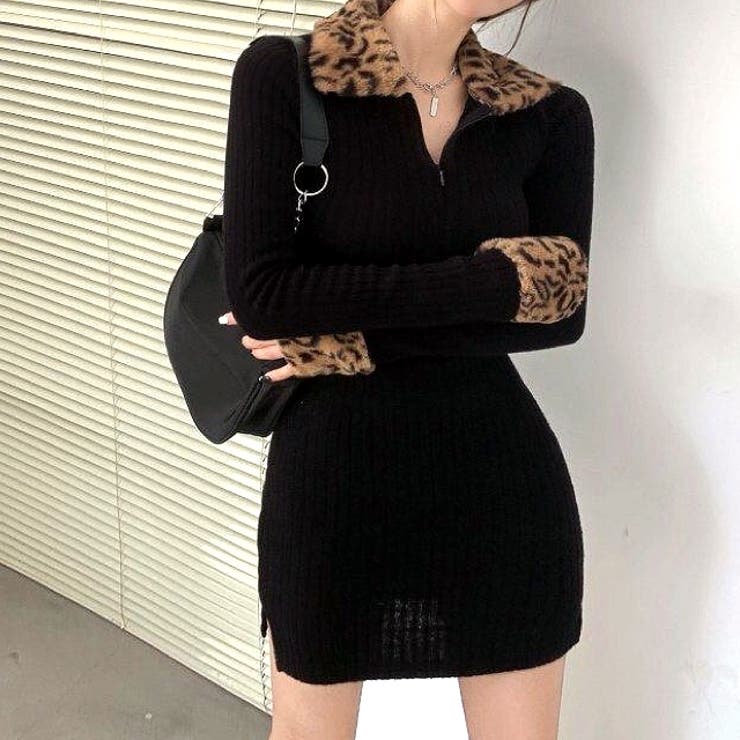レオパード柄ファー付きリブミニワンピース 秋 冬[品番：SHNW0011881