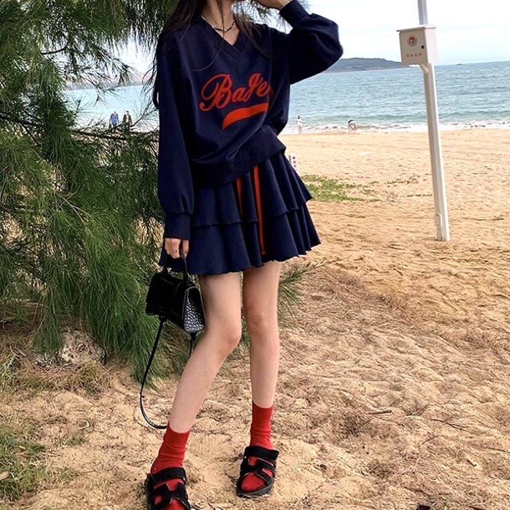 Vネックロゴトレーナー×ティアードミニスカート 2点SET 秋 | SHEENA  | 詳細画像23 