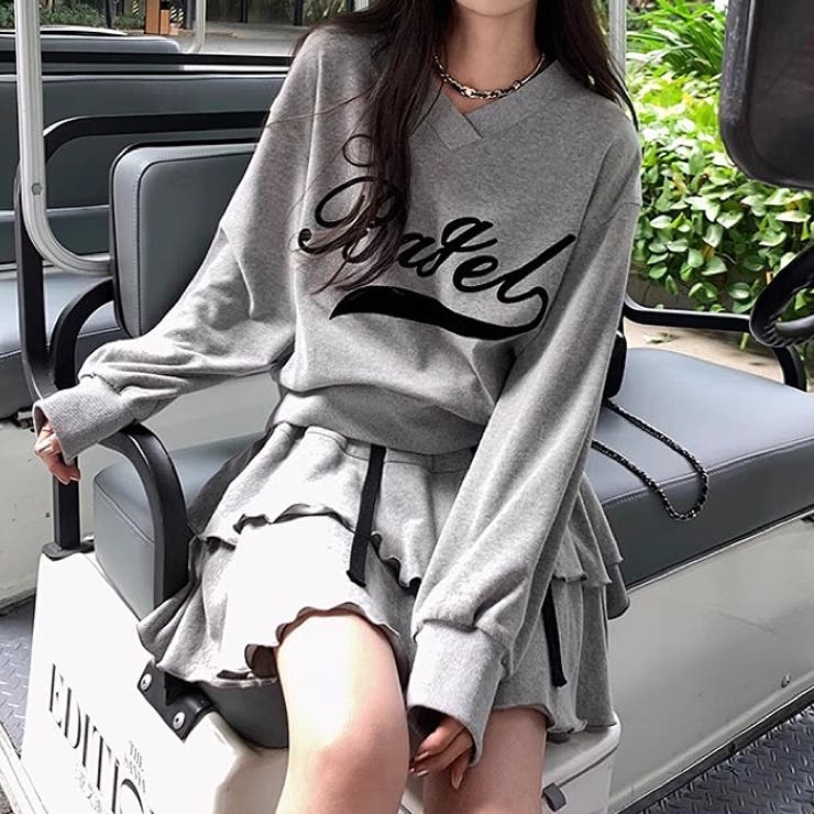 Vネックロゴトレーナー×ティアードミニスカート 2点SET 秋 | SHEENA  | 詳細画像5 