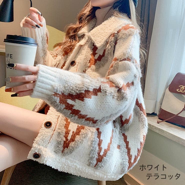 ネイティブ柄もこもこボアニットブルゾン 韓国 ストリート 品番 Shnw Sheena シーナ のレディース ファッション通販 Shoplist ショップリスト