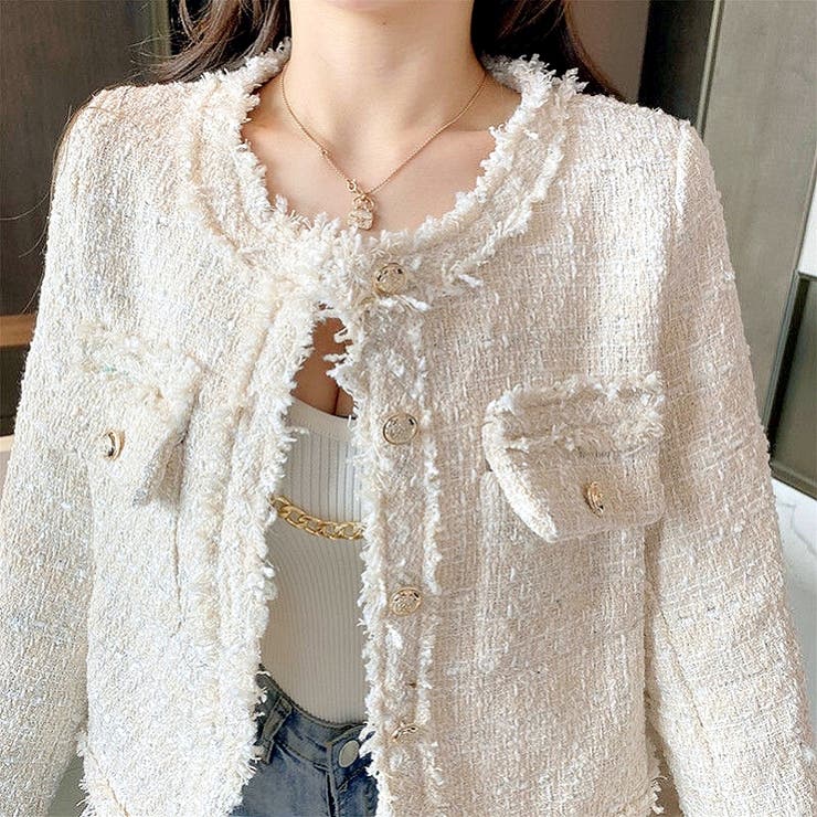 ユニセックス ツイード ノーカラー ショートジャケット ジュリアブティック JULIA BOUTIQUE ノーカラーツイード
