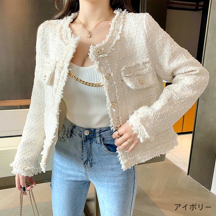 スプリングツイードノーカラージャケットsサイズ セール】 スプリングミックスツイード ノーカラージャケット