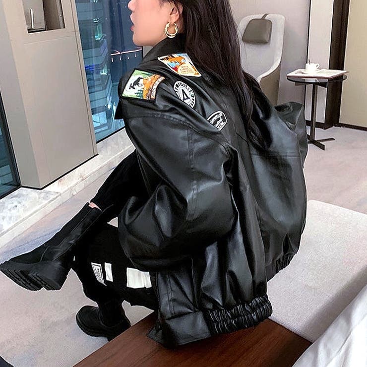 バックパッチデザインエコレザーブルゾン 春 秋[品番