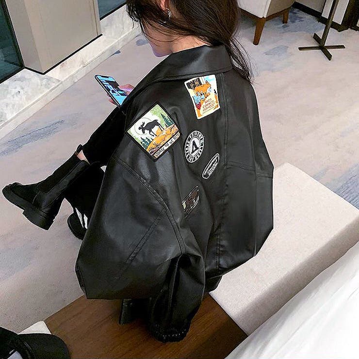 バックパッチデザインエコレザーブルゾン 春 秋[品番