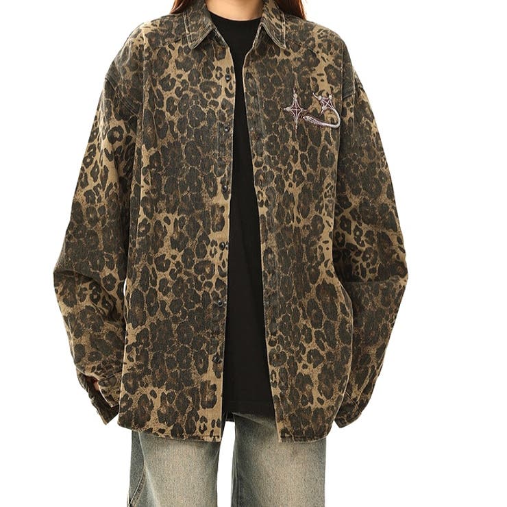 ワンポイントパッチ付きレオパード柄オーバーサイズシャツジャケット