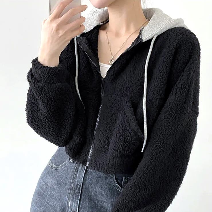 ショート丈ボアジップアップパーカー 秋 冬[品番：SHNW0012084