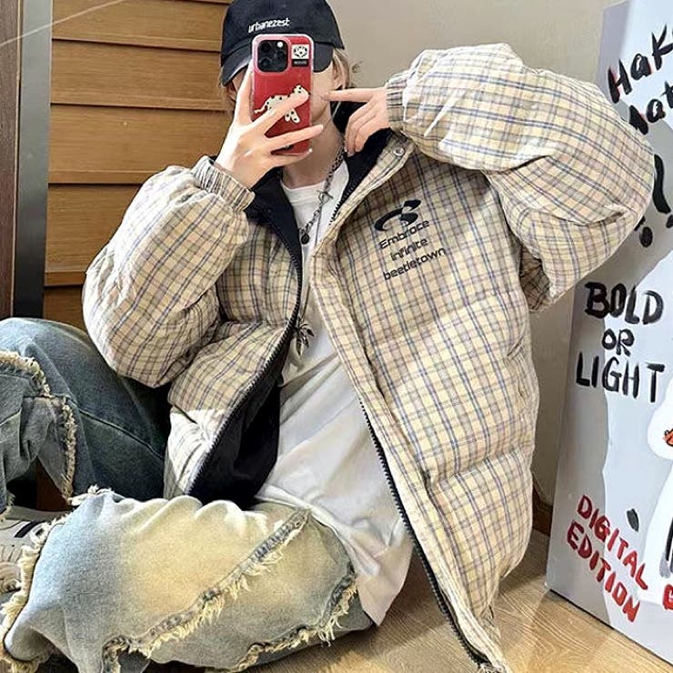 リバーシブルチェック柄中綿ジャケット 秋 冬[品番：SHNW0012134