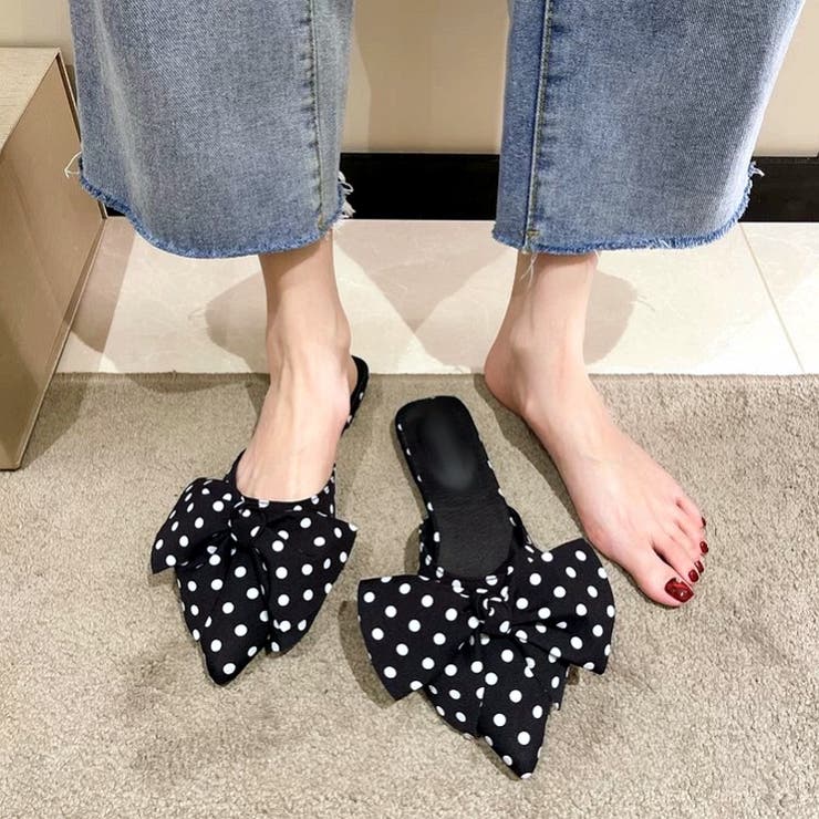 ブラックホワイト | ポインテッドリボンフラットミュール 春 夏 | SHEENA 