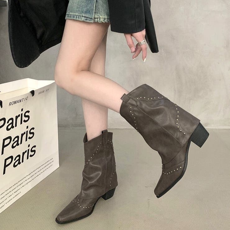 チャコールグレー | ヴィンテージライクスタッズ付ウエスタンカバーブーツ 秋 冬 | SHEENA 