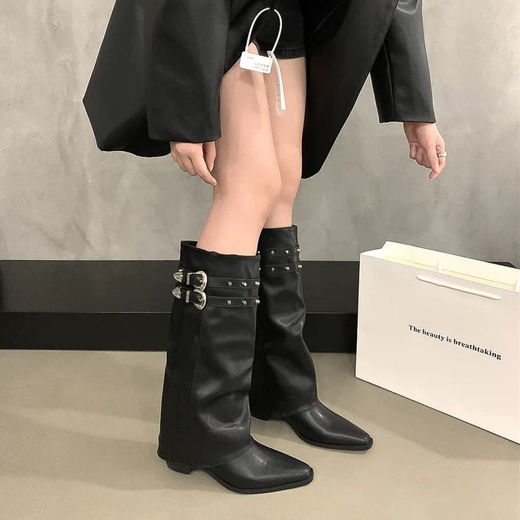スタッズ付きダブルベルトカバーロングブーツ 秋 冬 | SHEENA  | 詳細画像16 