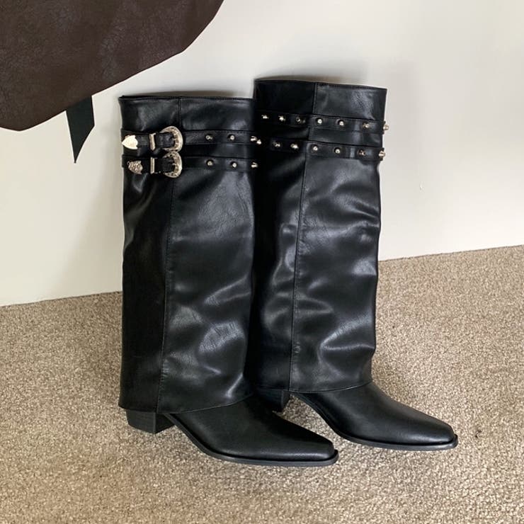 スタッズ付きダブルベルトカバーロングブーツ 秋 冬 | SHEENA  | 詳細画像30 