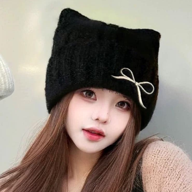 リボン刺しゅう猫耳ニットキャップ 秋 冬[品番：SHNW0012120