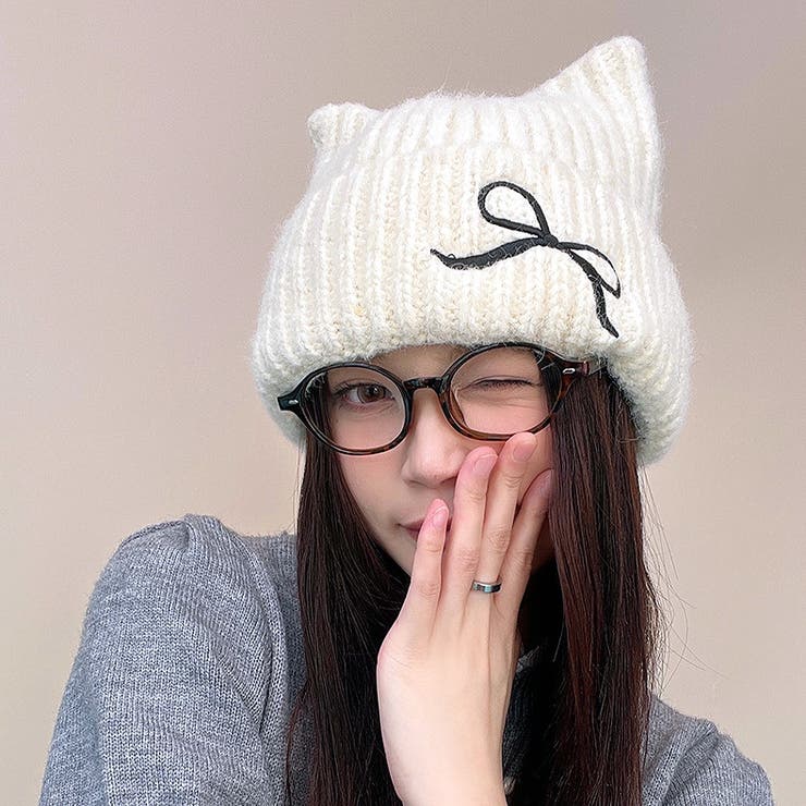 リボン刺しゅう猫耳ニットキャップ 秋 冬[品番：SHNW0012120]｜SHEENA