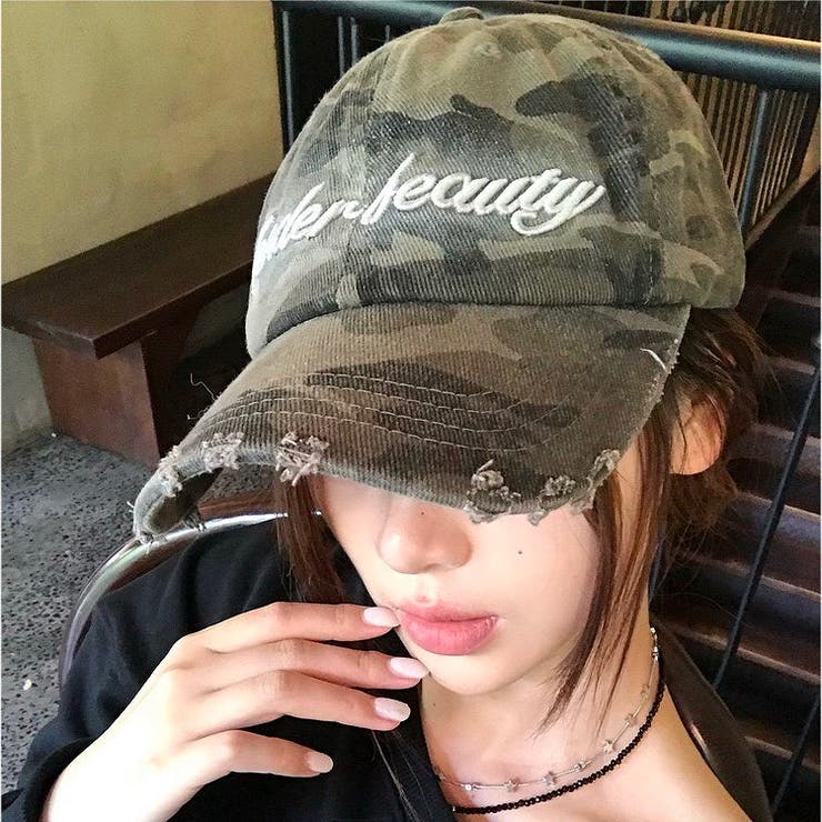 SHEENA キャップ 帽子 迷彩柄刺しゅうロゴダメージキャップ