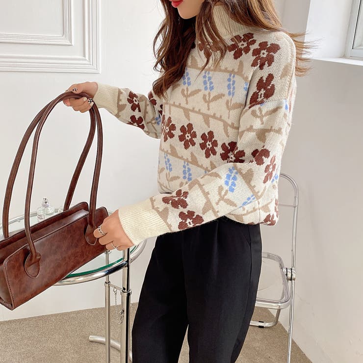 花柄ハイネックデザインニット長袖 セータ[品番：SHNW0004190]｜Achic