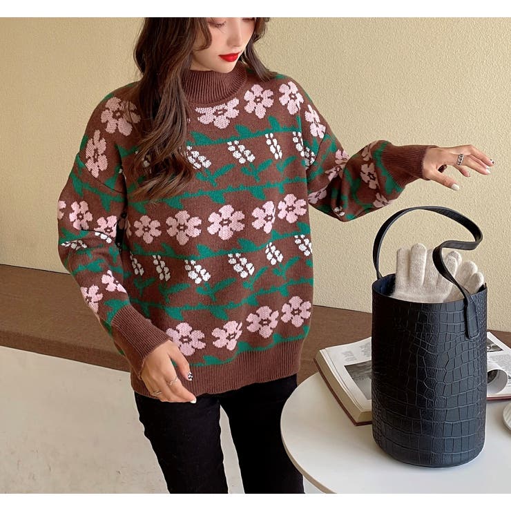 花柄ハイネックデザインニット長袖 セータ[品番：SHNW0004190]｜Achic