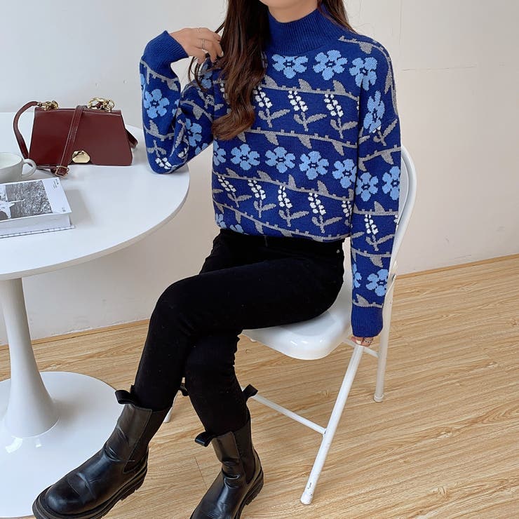 花柄ハイネックデザインニット長袖 セータ[品番：SHNW0004190]｜Achic