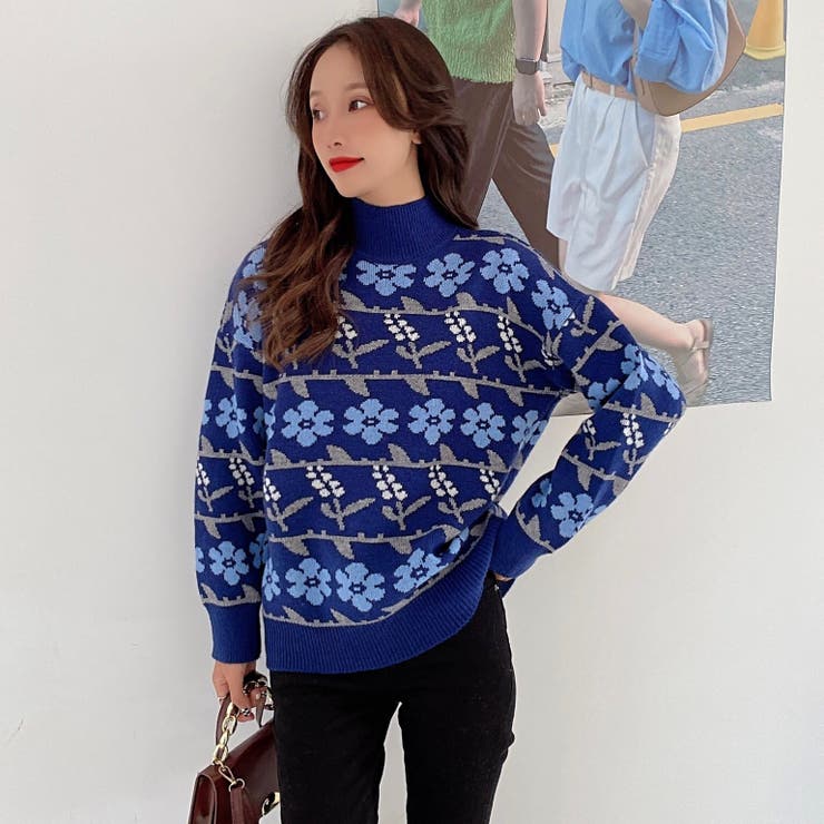 花柄ハイネックデザインニット長袖 セータ[品番：SHNW0004190]｜Achic