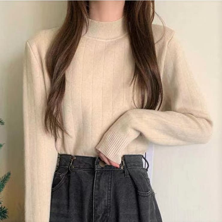 内側ボア付きニット レディース 長袖 かわいい トップス 温かい[品番