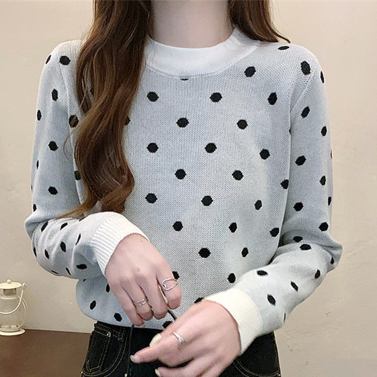 水玉ドットパッチワークニットセーター　45rpm w closet（ダブルクローゼット）の「12Gバラドット柄プルオーバー