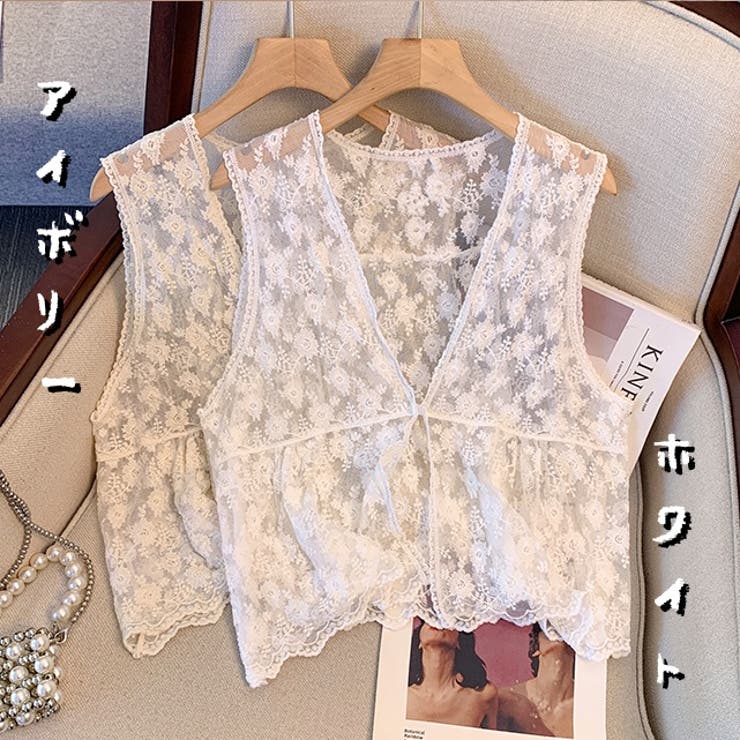 ❀COMME COMME❀総レース&サテンテープ装飾❇ベスト❇トップス トップス レースベスト 透け感トップス[品番：SHNW0006692