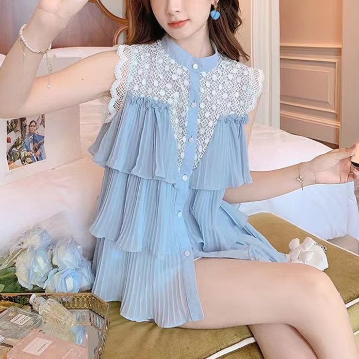 ブルー | ノースリーブレースフリル透け感トップス インスタ映え 重ね着 | Achic