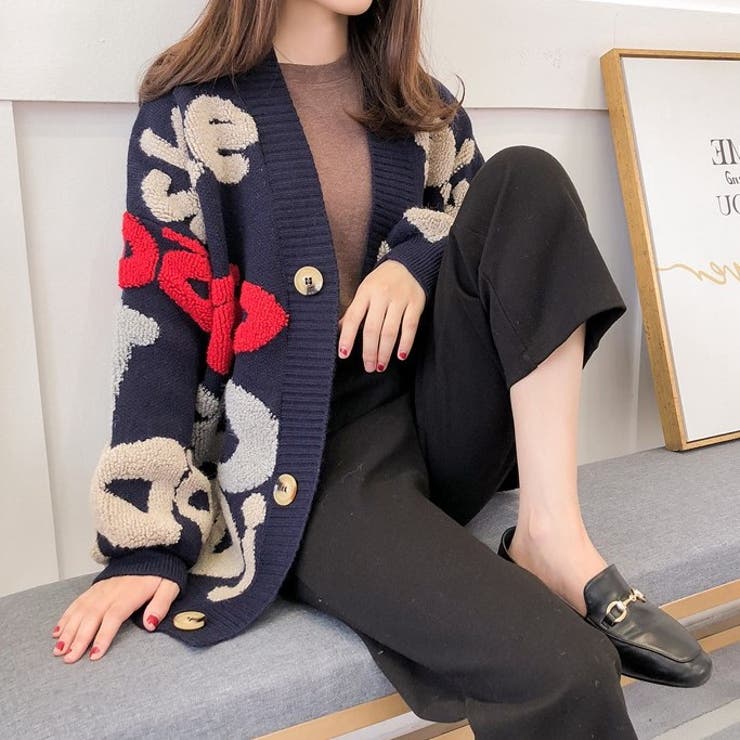 大文字柄柄ジャガードニットカーディガン 厚手 セーター[品番