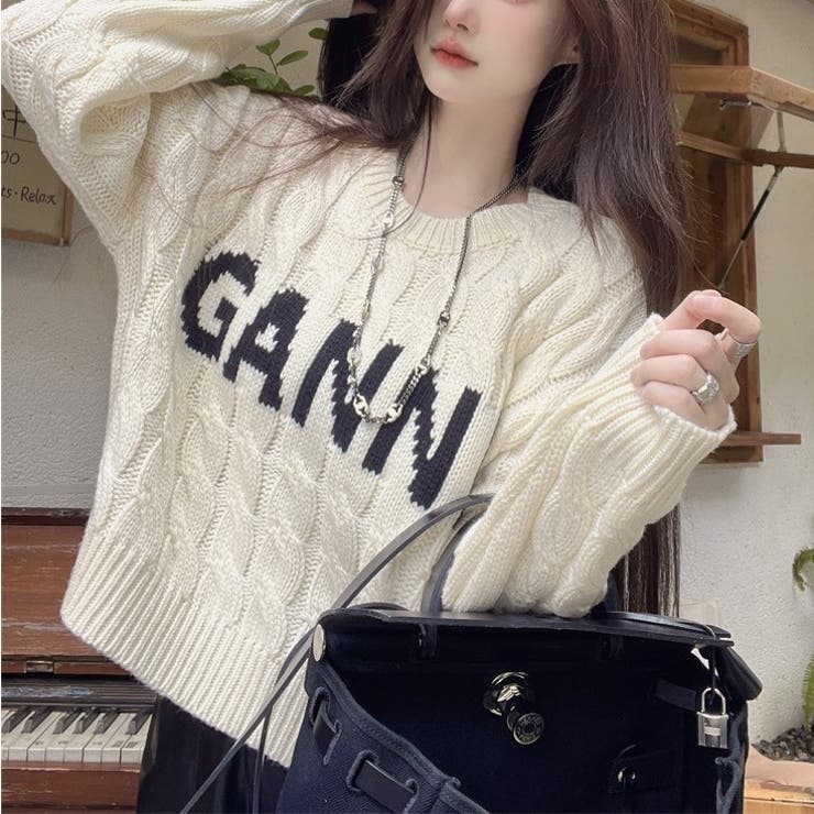 ブラック＆ホワイト文字デザインニットセーター ワンフォークロージング 1111clothing ◇グラフィック ジャガード