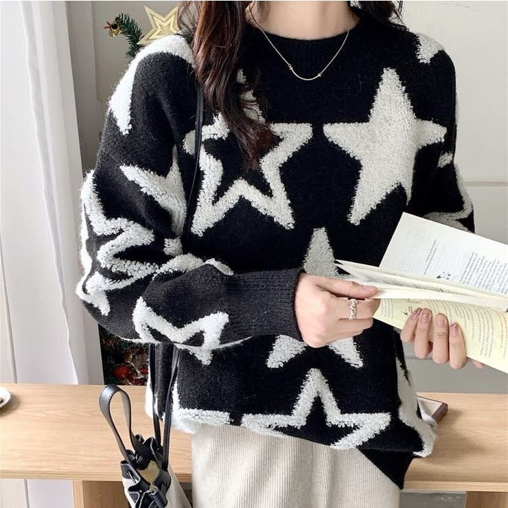 星柄ニットセーター 刺 立体感[品番：SHNW0008154]｜Achic（アシック