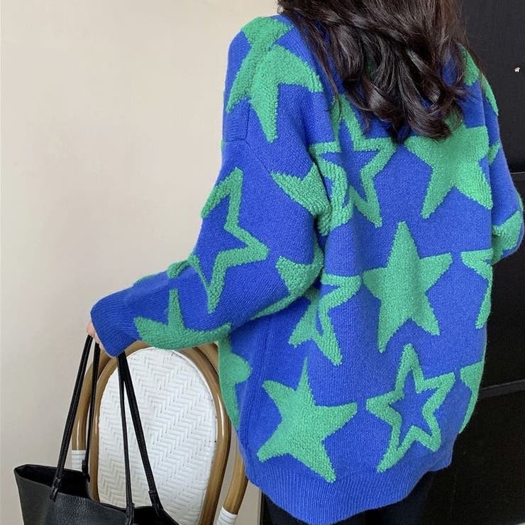 秋冬新作】星柄ニットセーター 刺 立体感[品番：SHNW0008154]｜Achic