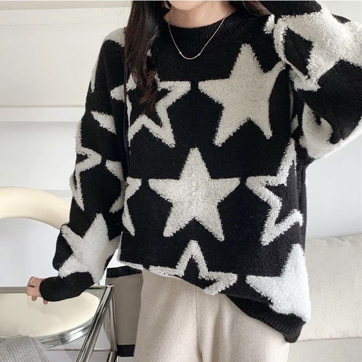 星柄ニットセーター 刺 立体感[品番：SHNW0008154]｜Achic（アシック