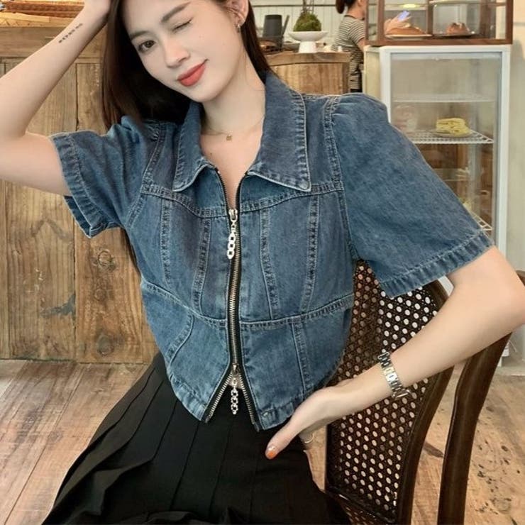 デニム素材前ファスナー開けトップス オーバーサイズ ゆったり