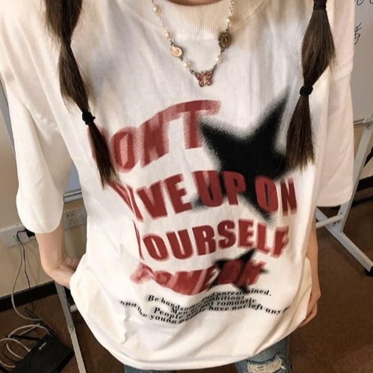 レトロ英文字ロゴプリント 綿100％半袖Tシャツ オーバーサイズ
