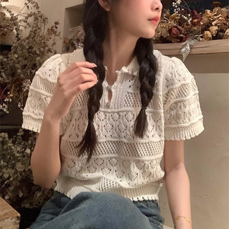 かぎ針編み半袖薄手 ポロ襟ニットセーター[品番：SHNW0009836