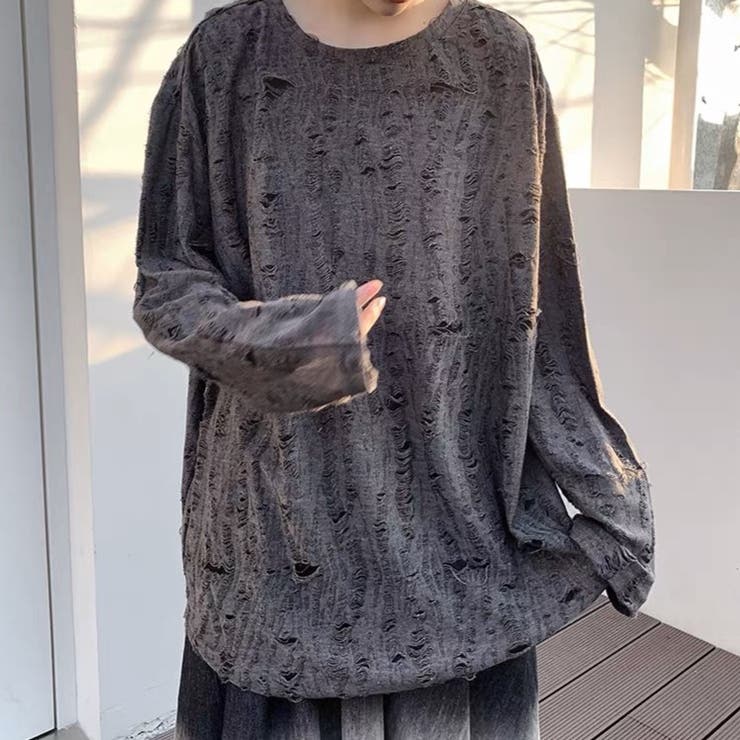 ダメージカットソートップス 編み 網目[品番：SHNW0009622